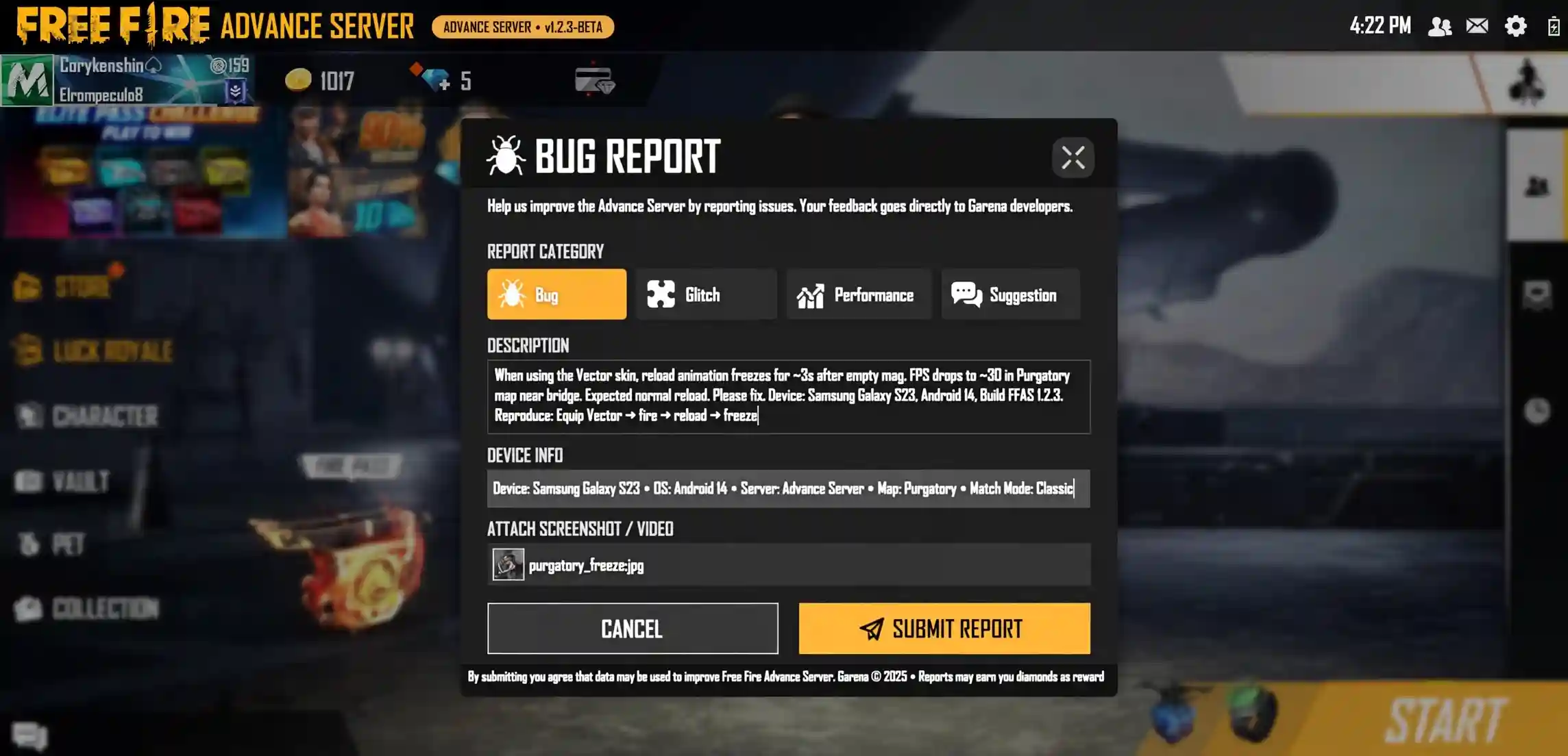 Free Fire Advance Server bug report form in the game lobby