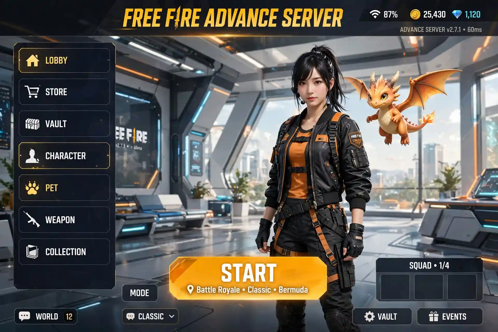 Free Fire Advance Server lobby with armory, character and START button
