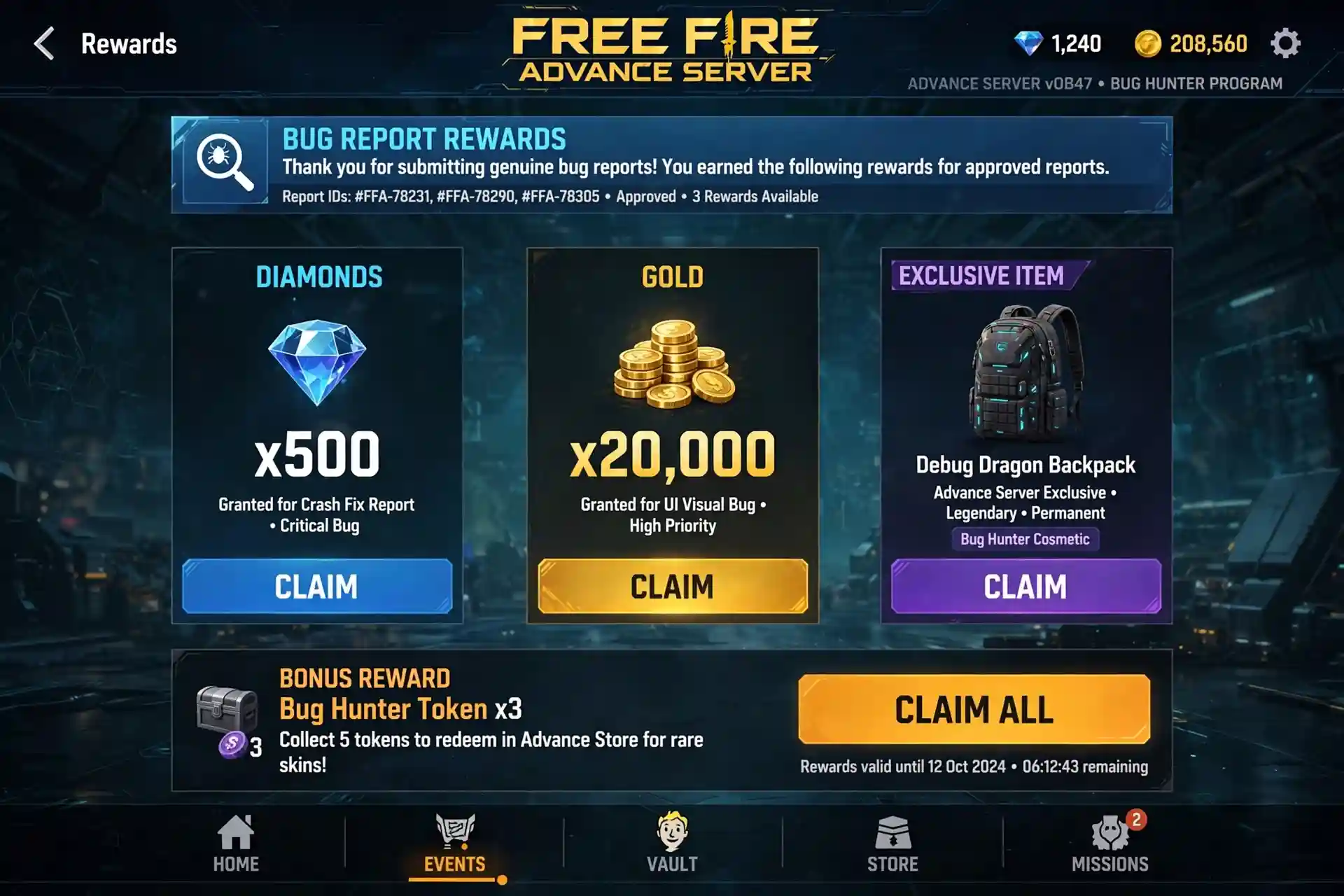 Free Fire Advance Server bug report rewards — diamonds, gold and exclusive backpack