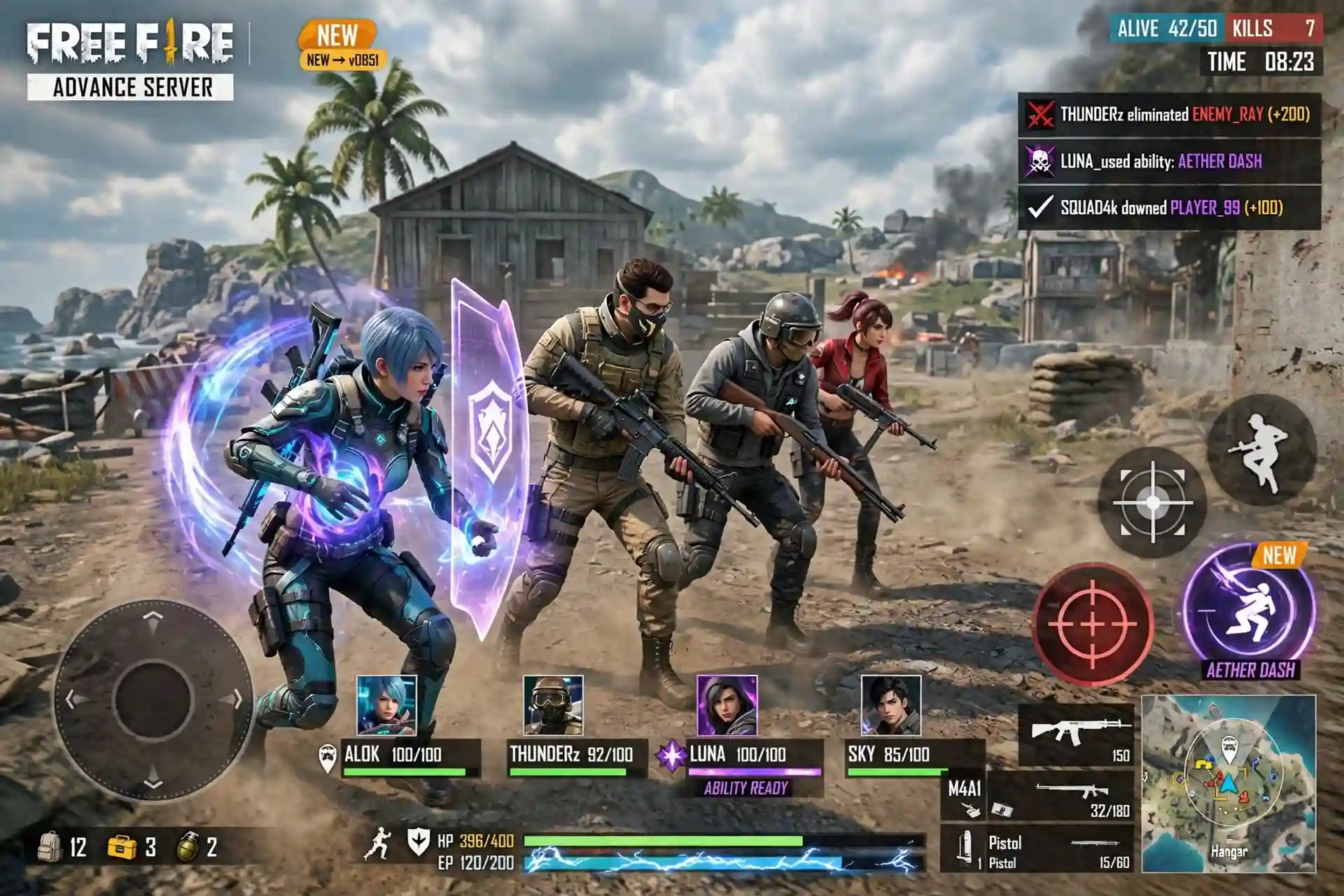 Free Fire Advance Server squad gameplay with character ability effects
