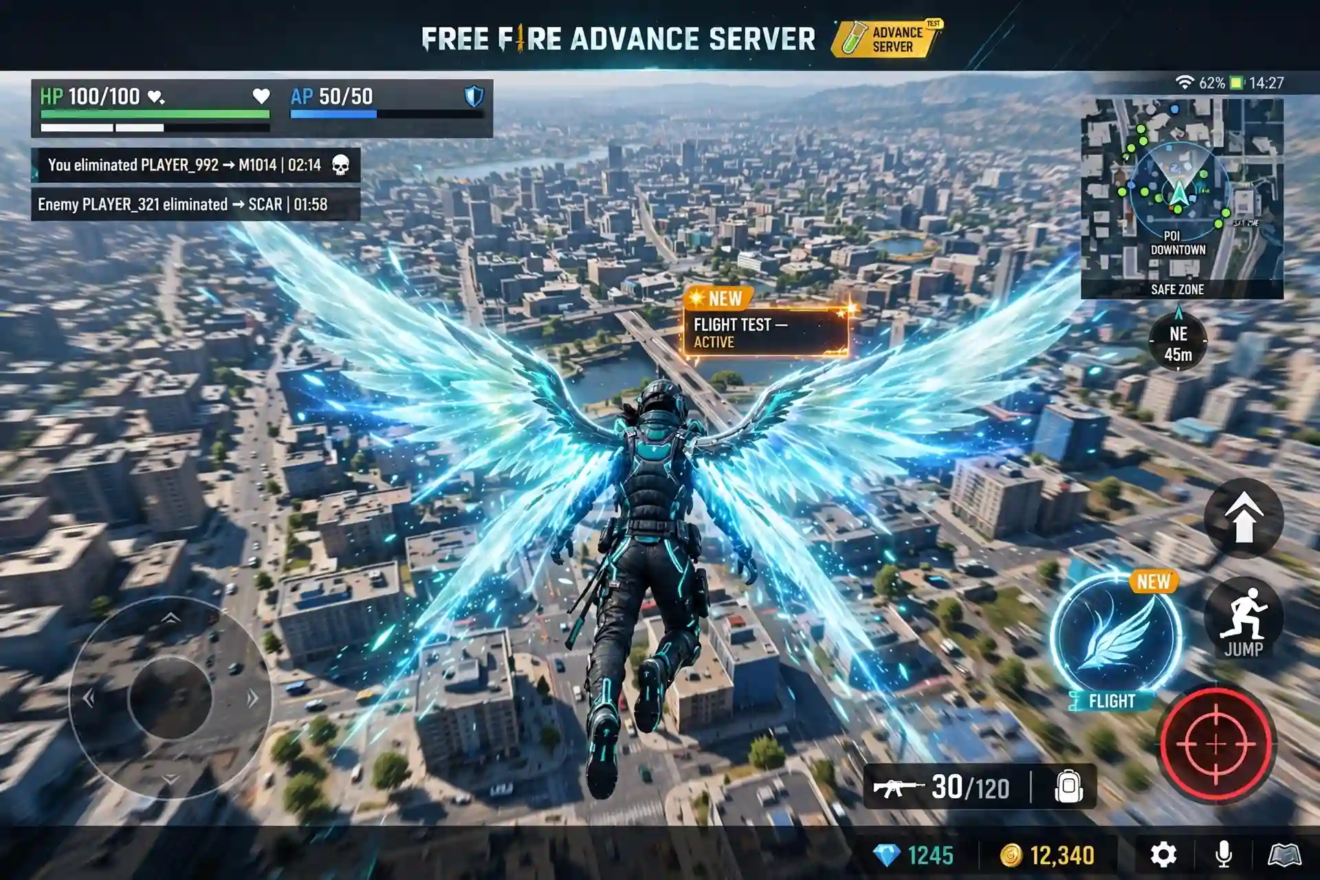 FF Advance Server gameplay — character skydiving over a night city