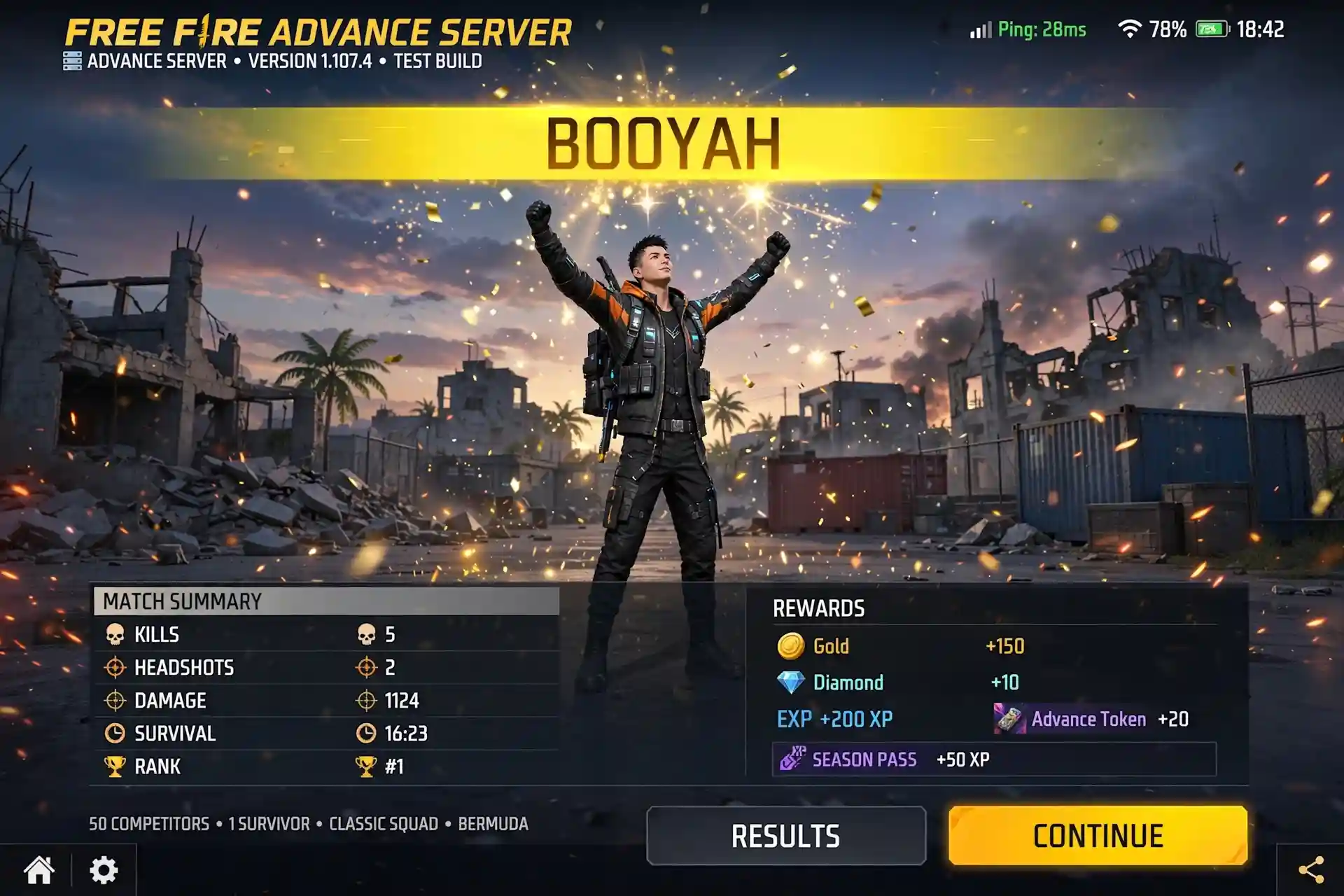 FF Advance Server BOOYAH victory screen after a match