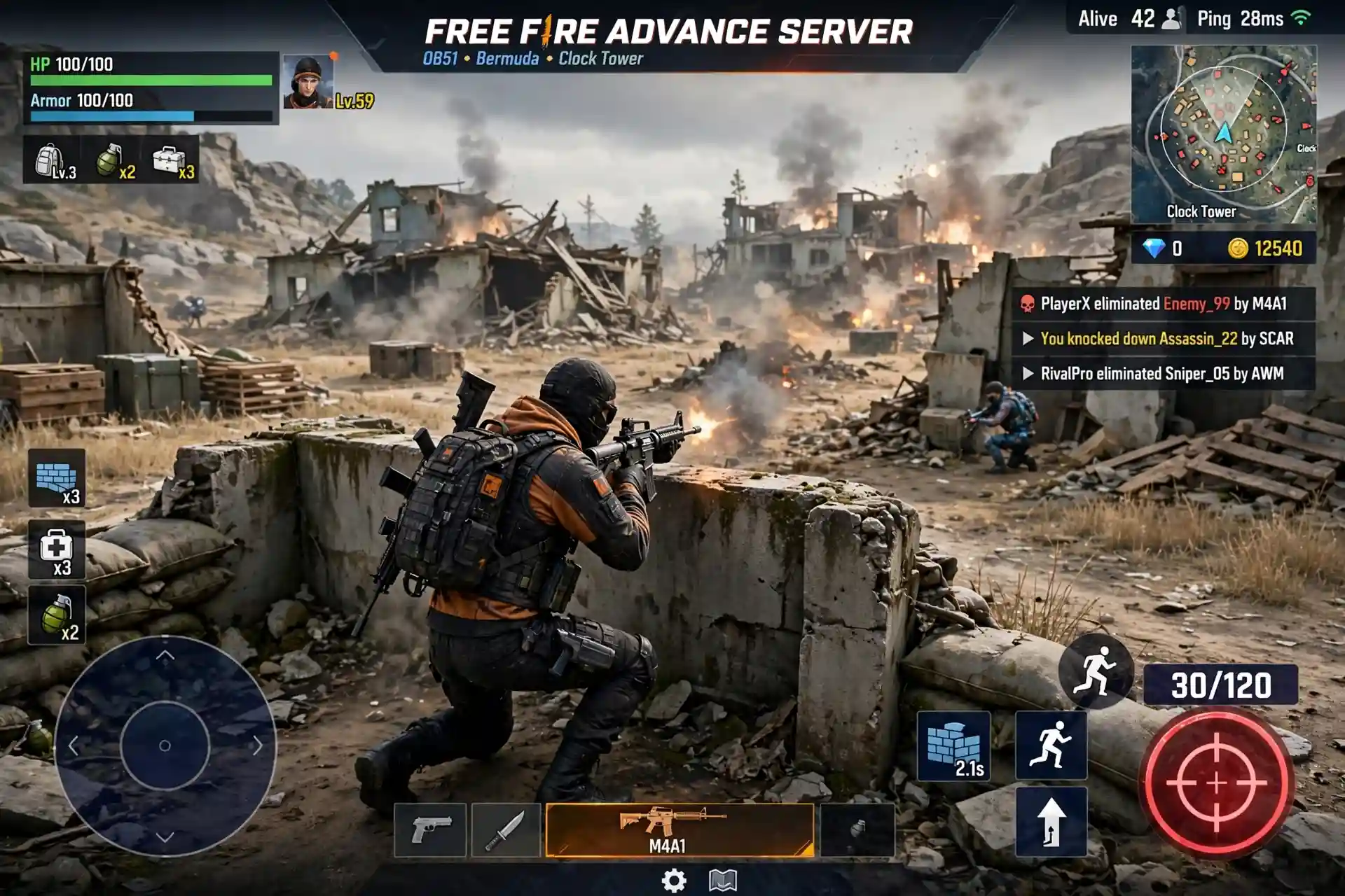 Free Fire Advance Server gameplay — soldier firing in Clock Tower street